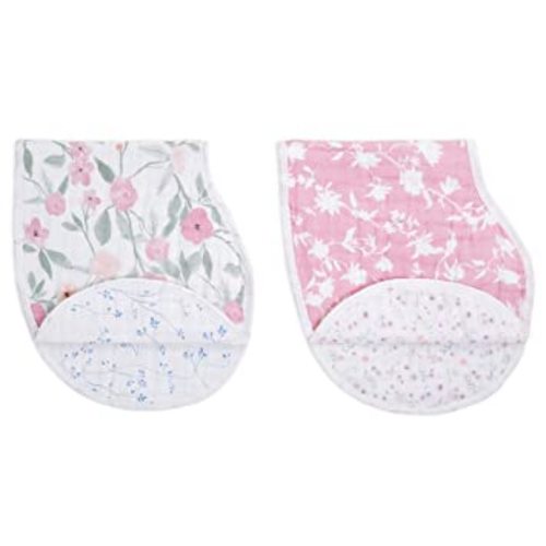 aden + anais 100% Cotton Muslin Burpy Bib – Multi-Use, Absorbent 4-Layer Burp Cloth and Full-Coverage Snap-Closure Baby Bib in One, Lap-Shoulder Drool Cloth, 22.5” X 11”, 2-Pack, Mon Fleur