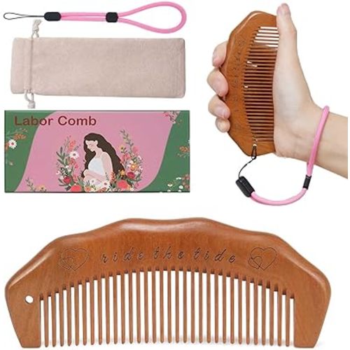 Labor Comb for Pain, Fine Tooth Birth Comb with Wrist Adjustable Strap for Expecting Moms - Peach Wood