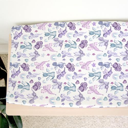 Dragon Changing Pad Cover, Cotton Changing Pad Cover, Pastel Dragons, Baby Nursery Decor, Dragon Nursery, Fairy Tale Decor, Purple Dragons