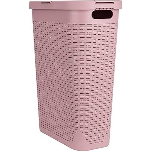 Mind Reader 40L Slim Laundry Hamper, Clothes Basket, Lid, Wicker Design, Plastic, 18"L x 10.4"W x 23.5"H, Pink