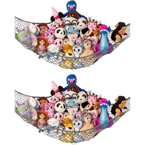 Lilly's Love Stuffed Animal Hammock | Corner Hanging Organizer, Stuffed Animal Storage | Easy to Hang Plushie Net w/Included Anchors & Hooks | Cute Room & Bedroom Decor (Gray, 2 Pack)
