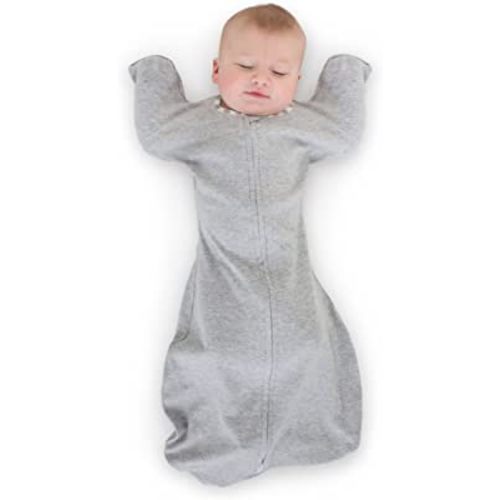 SwaddleDesigns Transitional Swaddle Sack with Arms Up Half-Length Sleeves and Mitten Cuffs, Heathered Gray with Stripe Trim, Small, 0-3 Mo, 6-14 Lbs (Better Sleep, Easy Swaddle Transition)
