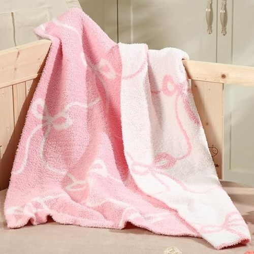 Pink Bow Baby Blanket Coquette Receiving Blankets for Girls Cute Lightweight Throw for Nursery Decor Newborn Registry for Baby Shower, 30 x 40 Inch