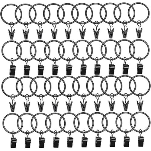 40 Pack Metal Curtain Rings with Clips, Drapery Clips with Rings, Curtain Hangers Clips, Drapes Rings 1.26 inch Interior Diameter,Black
