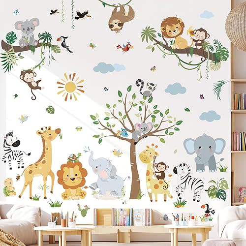 decalmile Jungle Animals Wall Decals Safari Monkey Giraffe Lion Wall Stickers Baby Nursery Kids Room Daycare Wall Decor