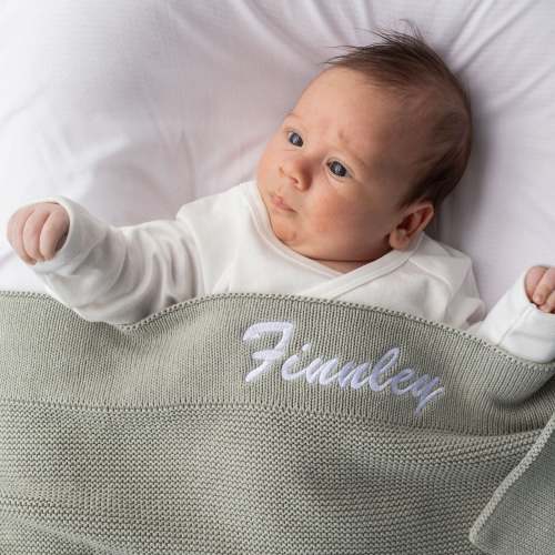 Personalised Green Sage Knitted Baby Blanket | One Little Day