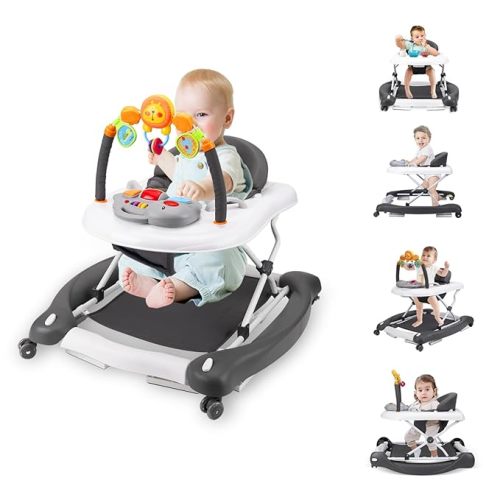 Baby Walker, 5-in-1 Baby Walkers for Boys and Girls 6-12 Months with Bouncer, Removable Footrest, Feeding Tray & Music, Foldable & Adjustable Activity Walker for 6-18 Months Toddler Infant - c-grey