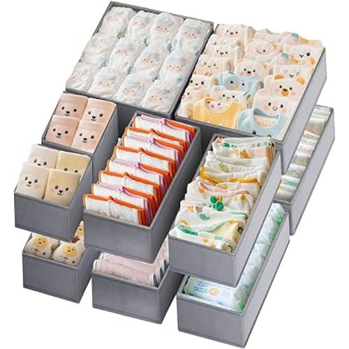 Drawer Organizer Clothes 12 Pack, Dresser Closet Organizers For Baby Clothes Underwear, Sock Grey