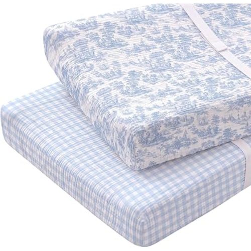 Breling 2 Pack Blue Toile Checkered Muslin Changing Pad Covers for Boys Girls, Soft Breathable Cotton Baby Diaper Change Covers for Dresser or Table, Neutral Nursery Diaper Changing Pad Sheets