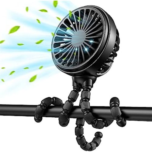 GUSGU Portable Fan Battery Operated, Small Stroller Fan with Flexible Tripod Clip-on for Baby, USB Rechargeable and Handheld Cooling Fan for Travel, Car Seat, Camping, and Bedroom - black