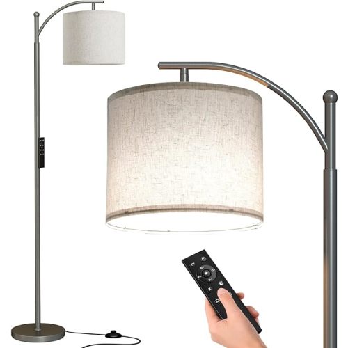 SUNMORY Dimmable Floor Lamp with Remote Control,Lamp for Living Room Stepless Color Temperature and Brightness, Standing Lamp for Bedroom and Office with 1H Timer,Gray Floor Lamp with Linen Shade
