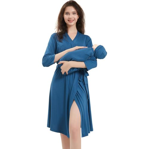 Galabloomer Maternity Robe and Baby Receiving Blanket, Matching Mommy Labor Delivery Robe and Swaddle Set Peacock(xl, ocean