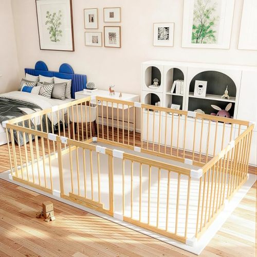 Wooden Baby Playpen,Adjustable Wooden Babies Play Pen,Portable Fence for Babies,Baby Playard Area Indoor,Easy to Assemble and Clean Toys Fence, Non-Collapsible(78x53x24 Inch)