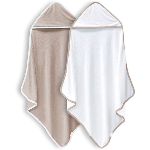 BAMBOO QUEEN 2 Pack Baby Bath Towel - Rayon Made from Bamboo, Ultra Soft Hooded Towels for Babies,Toddler,Infant - Newborn Essential -Perfect Baby Registry Gifts (White and Brown, 30 x 30 Inch)