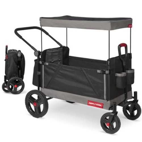 Radio Flyer Trav’ler Stroll 'N Wagon with Protective Cover for Kids Ages 1+, 120 lb Capacity, Black – Push or Pull Foldable Travel Stroller Cart with