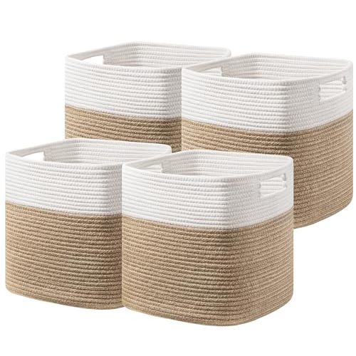 UBBCARE Set of 4 Storage Basket-13 X 13 X 13 in, Cotton Rope Basket for Shelves, Toys, Book, Cube Storage Bins with Handles, Woven Storage Basket for Organizing, White & Jute