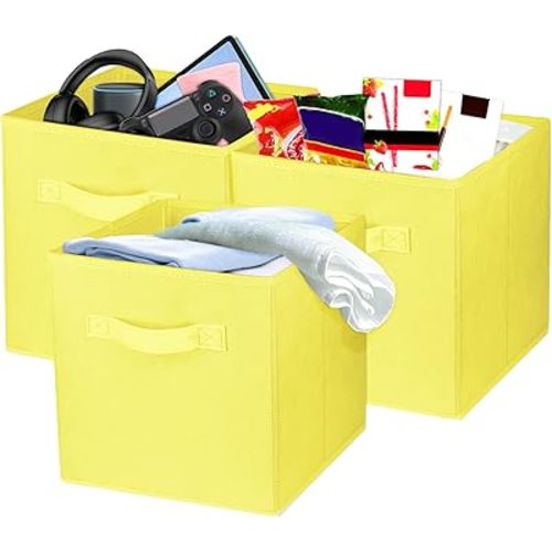 3 Pcs Storage Cubes, 10.5 Inch Collapsible Storage Bins, Fabric Foldable Bins for Organization, Durable Storage Bins for Closet, Shelves, Offices (Yellow)