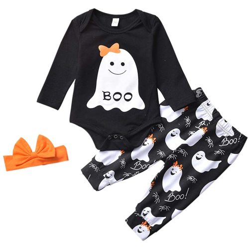 HIHA Baby Halloween Outfits Toddler Girls Boys One Piece Romper Ghost Pants Headband Halloween Clothes 3Pcs