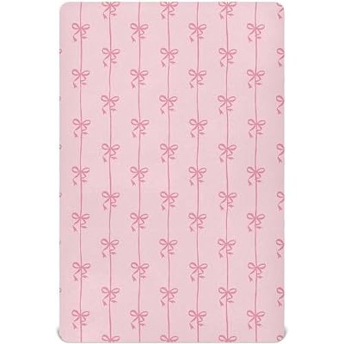 Aslsiy Ribbons Bow Coquette Fitted Crib Sheet for Baby Pink Nursery Mattress Sheets Playard Sheet Stretchy Mini Crib 52x28in