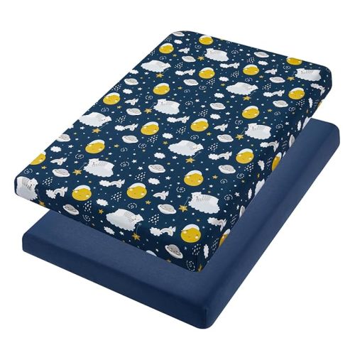TILLYOU Mini Crib Fitted Sheets - Soft Knit Sheet for Pack N Play, Microfiber Mini Crib Sheets, Playpen Bedding Sheet for Baby 2 Pack, Machine Washable, 38'' x 24'', Starry Adventure and Dark Blue