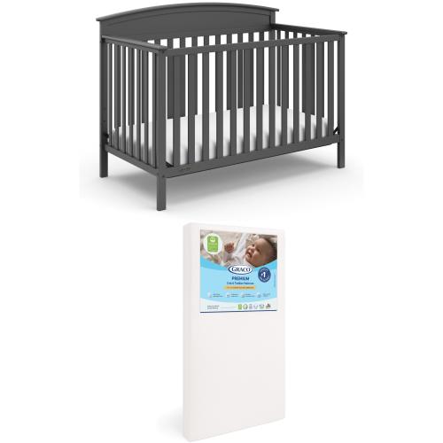 Graco Benton 5-in-1 Convertible Crib and Premium Crib & Toddler Mattress Bundle, Gray