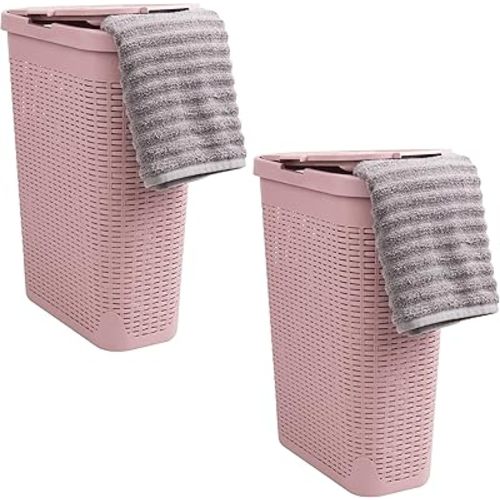 Mind Reader 40L Slim Laundry Hamper, Clothes Basket, Lid, Wicker Design, Plastic, 18"L x 10.4"W x 23.5"H, Set of 2, Pink