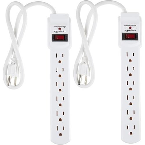 Amazon Basics Surge Protector Power Strip, 6-Outlet with 200J Protection, 2ft Extension Cord, Rectangle, White (2 Pack)