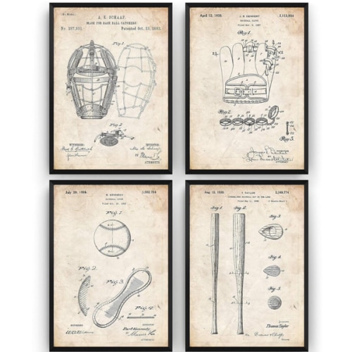 Magic Posters Baseball Set Of 4 Patent Prints - Poster Gift Blueprint Retro Wall Art Original Decor - Frame Not Included