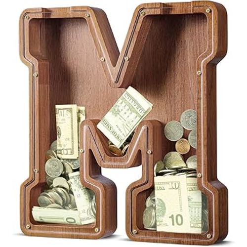SummiDate Extra Large Wooden Piggy Bank| Piggy Bank for Boys Girls Toddler| Alphabet M Money Bank| Coin Bank Birthday Gift for Kids|Children's Day Gift(12"- Initial-M)