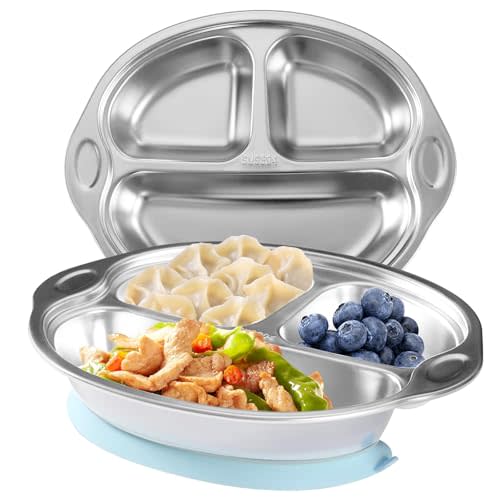 Mrs. Chou® BPA-Free 100% Food-Grade Stainless Steel Baby Plates with Suction Divided Designed for Babies and Toddlers, Ideal for Kids Infant Baby-Led Weaning Toddler Feeding Supplies Dishwasher Safe