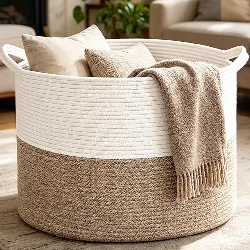 Large Woven Blanket Basket,65L Cotton Rope Laundry Basket