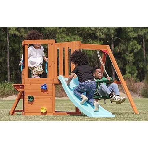 Dolphin Playground 5-in-1 Wooden Toddler Swing Set for Backyard, Playground Sets for Backyards with Baby Swing, Table, Blackboard, Kid Slide, Rock Climbing Wall, Toddler Outdoor Playset Ages 1-3