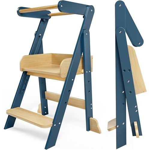 Foldable Toddler Tower with 3 Heights, Kids Kitchen Step Stool Helper for 1.5-6 Years, Toddler Standing Tower for Bathroom Sink, Kitchen Helper Stool for Kids Anti-Drop (Blue)