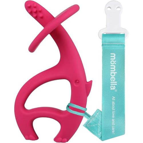 Mombella 2 in 1 Elephant Teether & Pre-Training Toothbrush, Infant Teething Toys for Babies 3-12 Months with String to Clip on, Soft Silicone Teether Toy 6-9 Month Old, Safe Baby Chew Toys, Dark Pink