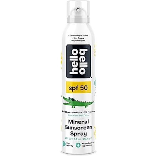 Hello Bello Sunscreen Mineral Spray with Zinc Oxide - 50 SPF Broad Spectrum UVA/UVB Protection - Water Resistant, Hypoallergenic, Dermatologist & Clinically Tested - 5 Fl Oz (Pack of 1)