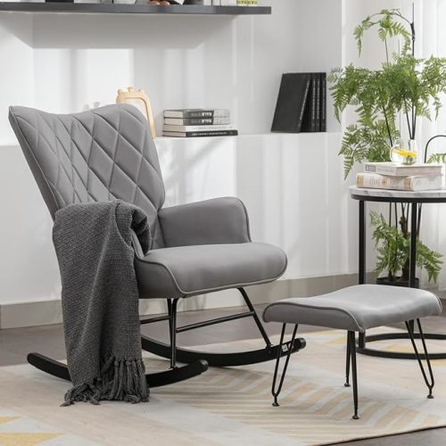 Modern Upholstered Rocking Chair with Ottoman – High Back Glider for Nursery, Living Room, or Bedroom – Comfortable Armchair with Lumbar Support & Sturdy Wood Rockers (Grey Fabric)