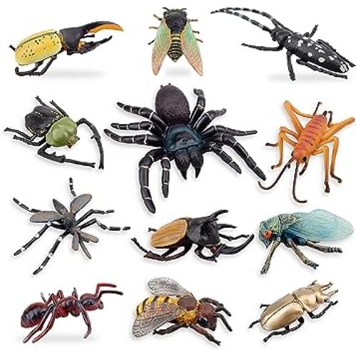 Toymany 12PCS Realistic Insects Figures Toys - Plastic Bugs Figurines Set with Cicada Cricket Scarab Bee Ant Spider - Halloween Party Favor School Project Christmas Birthday Gift for Kids Toddlers