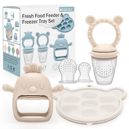3 Pack Silicone Teething Mitten for Babies with Baby Fruit Food Feeder & Freezer Tray Set, BPA Free Infant Teething Relief Toy for 3 Month+, Additional Silicone Sacs (Smile Beige)