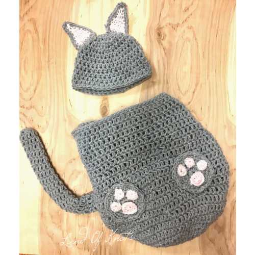 Crochet Newborn Cat Outfit: Grey Swaddle & Hat Photo Prop