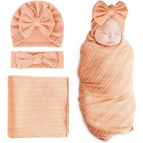 DRESHOW BQUBO Newborn Receiving Blanket Toddler Warm for Girls with Bow Hat and Bow Headband Shower Gift