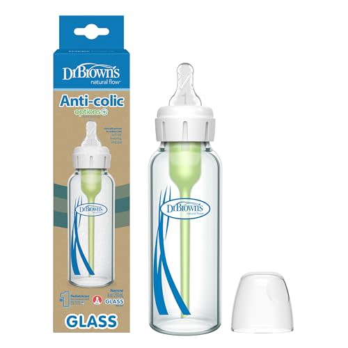 Dr. Brown's Natural Flow Anti-Colic Options+ Narrow Glass Baby Bottle, 8 oz/250 mL, with Level 1 Slow Flow Nipple, 1 Pack, 0m+