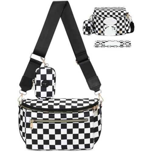 Eslcorri Small Diaper Bag Fanny Pack for Quick Outings, Crossbody Diaper Purse with Built-in Wipes Dispenser, Water-resistant Classic Checkerboard Belt Bag for Moms Dads, 8L Expandable Capacity
