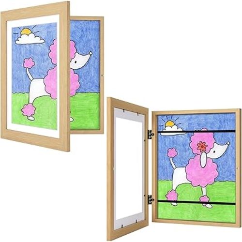 2 Pack Kids Artwork Frame Natural Woodgrain, 10x12.5 Child Art Frame Without Mat Changeable Front Opening, 8.5x11 Frame With Mat, Children Storage Frame Holds Crafts, Drawing, Art Project, Schoolwork