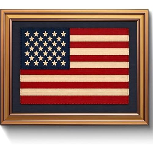 HAWONE Vintage Gold Framed USA Flag Wall Art Faux Embroidered American Flag Canvas Print Patriotic Poster Rustic 4th of July Framed Picture Wall Decor for Living Room Home Office Decor 8x10 Inch