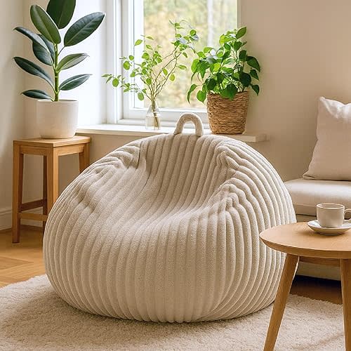 Honeydak Ribbed Rabbit Fur Stuffed Animal Storage Bean Bag Chair Cover (No Filler) Comfy Bean Bag Cover Without Filling or Home Bedroom Decor Organizing Plush Doll Textile Holder (Linen,L)