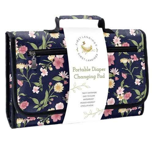 First Landings Portable Diaper Changing Pad - Convenient Travel Changing Pad and Wipe Holder - Portable Changing Pad - Navy - Navy Floral Design