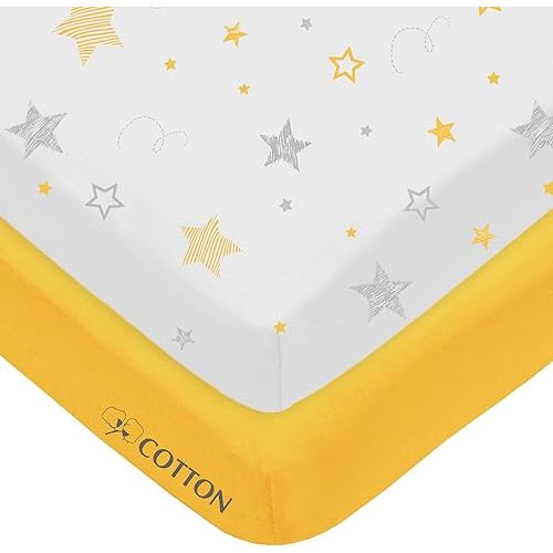 American Baby Company 2 Pack Fitted Pack N Play Playard Sheet 27" x 39", Soft Breathable 100% Cotton Jersey Pack and Play Sheet, Golden Yellow Star/Yellow, for Boys and Girls, Fits Most Mini Crib