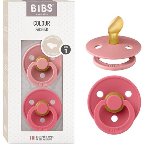 BIBS Pacifiers 0-6 Months | Colour Collection 2-Pack | BPA-Free Anatomical Natural Rubber Nipple | Made in Denmark | Dusty Pink/Coral Color Pacifier