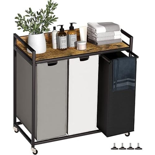 Laundry Hampers with Shelf, Laundry Basket 3 Section, Laundry Sorter with Pull-Out Removable Large 3 Color Bags and Movable Wheels, Metal Frame, 3 x 15.87 Gallons (60L), Rustic Brown PF04XLN