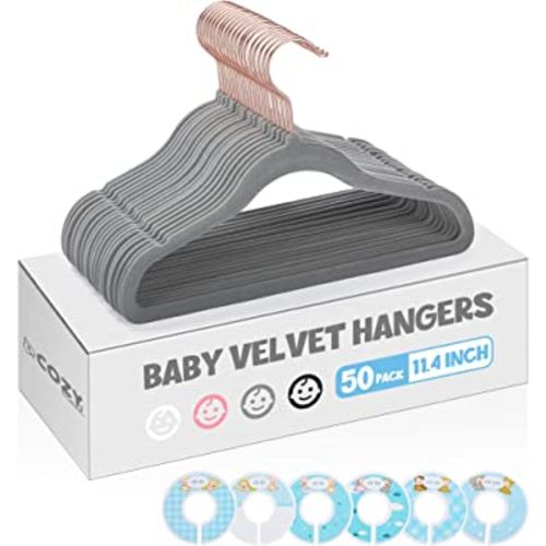 Cozymood Velvet Baby Hangers for Closet 50 Pack with 6 Pcs Size Dividers, Non-Slip Baby Clothes Hangers 11 Inch, Ultra-Thin Small Hangers for Kids Clothes, Space Saving Velvet Toddler Hangers, Grey